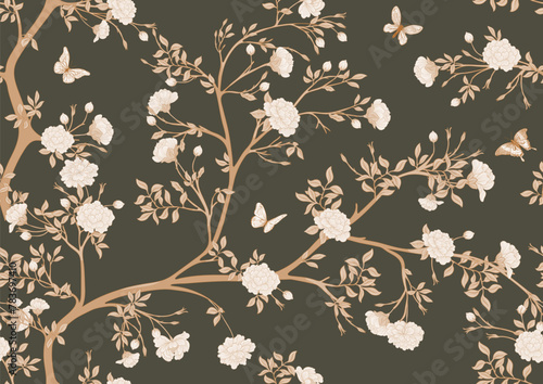Blossom trees with flowers and butterflies. Seamless pattern, background. Vector illustration. In Chinoiserie, japandi, botanical style