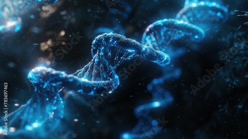 Futuristic glowing DNA strand in dark background with blue lights, 3D ing