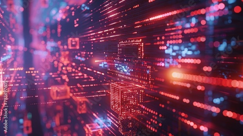 Abstract concept of high-speed data processing with glowing red circuitry. Technology and digital communication concept. Ideal for banner, background, and technological design. © Aoridea