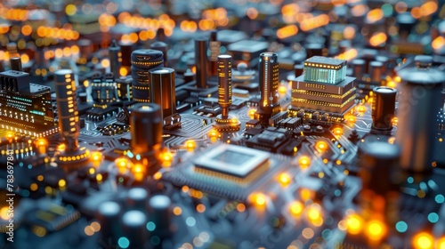 Complex circuit board cityscape with glowing electronic components. Technology infrastructure and computer engineering concept. Ideal for illustrating advanced computing, hardware design