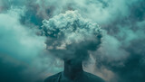 A man's face is obscured by a cloud of smoke