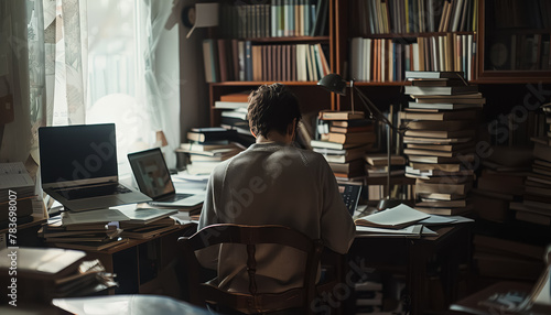 A man is sitting at a desk with a laptop and a pile of books