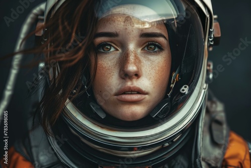 Pioneering Astronaut female. Face sky suit. Generate Ai © anatolir