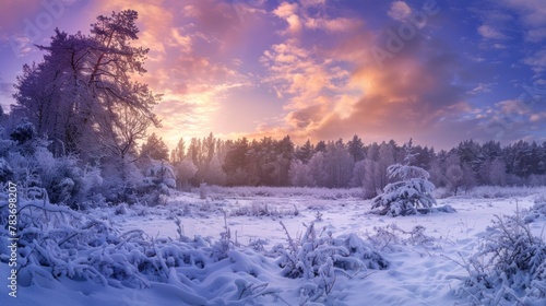 winter panorama landscape with forest, trees covered snow and sunrise. winterly morning of a new day. © ANIS