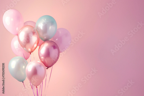 Bunch of pastel color  balloons on pink  background and copy space for text. Celebration background concept for birthday  party. AI Generated. 
