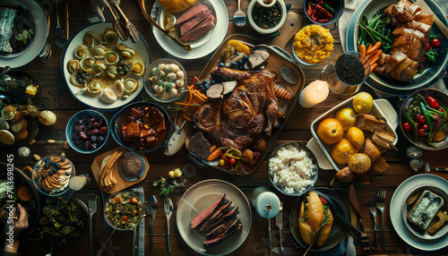A large table is covered with a variety of food, including meat, vegetables