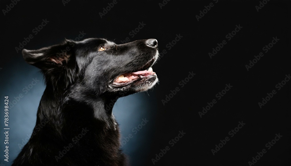 black dog profile portrait heading up, howling at night, isolated on a black background with copyspace area black dog profile portrait heading up, howling at night, isolated on a black background with copyspace area