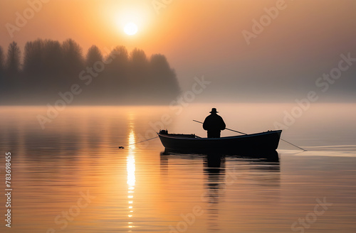 silhouette of a man in a hat in a boat at dawn © iredman
