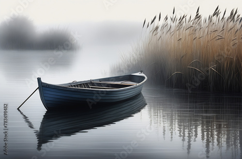 empty boat in the reeds on a foggy morning