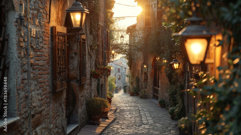 Sunlit old cobblestone street with street lamps and plants in a European town