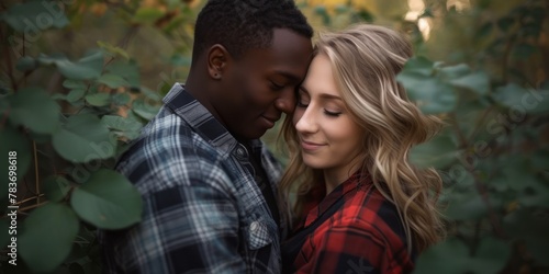 A young, smiling couple is hugging outdoors. Green leaves surround a couple in love.