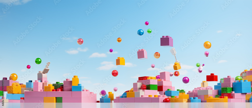 Toy Building Blocks and Marbles in Mid-Air Against Sky Toy Building Blocks and Marbles in Mid-Air Against Sky