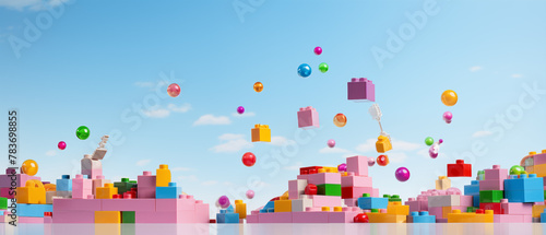 Toy Building Blocks and Marbles in Mid-Air Against Sky