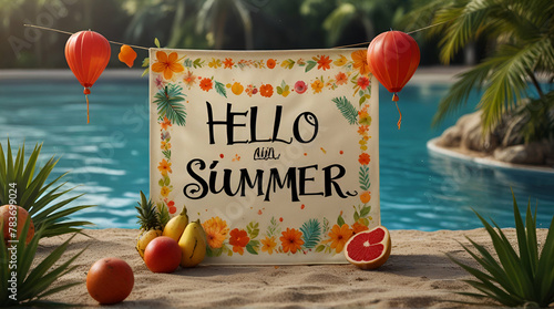 summer banner with the inscription hello summer, beginning of summer and holidays.generative.ai 