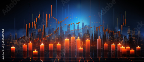 Stock Market Candlestick Graph Over City Skyline at Night