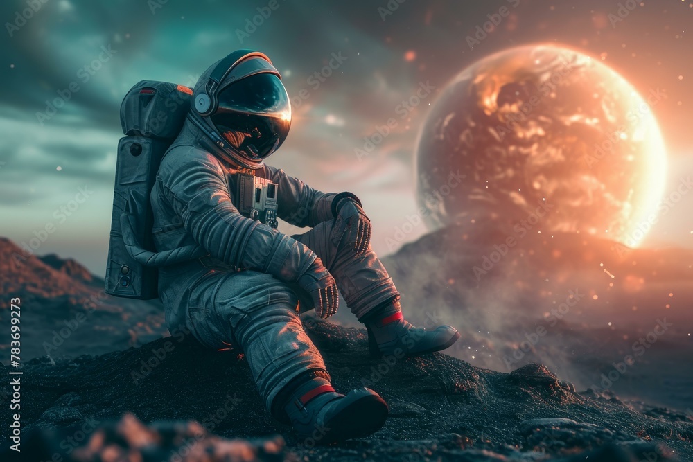 Awe-struck Astronaut sitting on planet. Universe science. Generate Ai Awe-struck Astronaut sitting on planet. Universe science. Generate Ai