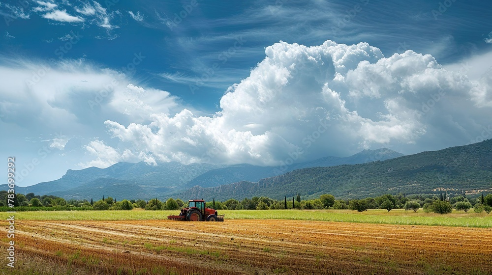 Farmer in tractor preparing land with seedbed cultivator. Farmer in tractor preparing land with seedbed cultivator.