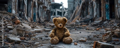 A teddy bear sitting alone in the middle of an abandoned city photo