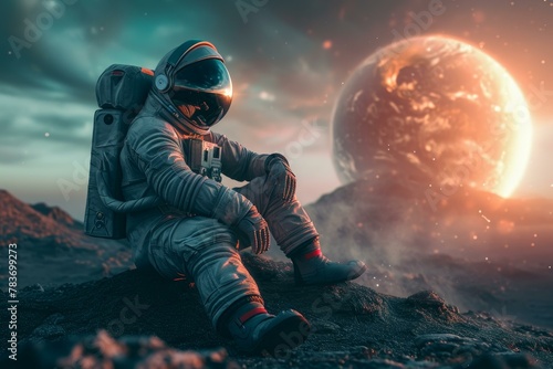 Awe-struck Astronaut sitting on planet. Universe science. Generate Ai