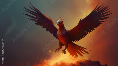 Phoenix Rising from Red Ash, a phoenix bursts from a pile of red ash, its wings outstretched and feathers ablaze in a fiery red aura