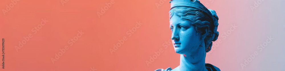 Blue Classical Bust Statue Against Gradient Coral Backdrop
