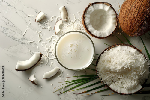 Fresh Coconut Milk Surrounded by Grated Coconut and Shells on Neutral Background