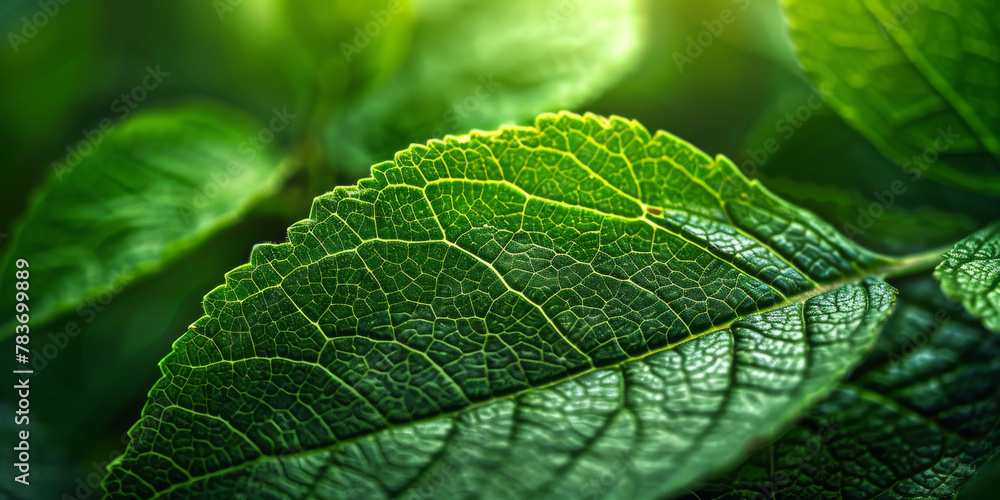 Close-Up of Fresh Green Leaves in Sunlight with Veins Visible Close-Up of Fresh Green Leaves in Sunlight with Veins Visible