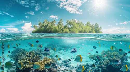 A split-view captures the tropical island above and fish swimming gracefully underwater  offering a mesmerizing glimpse of marine life and island beauty.