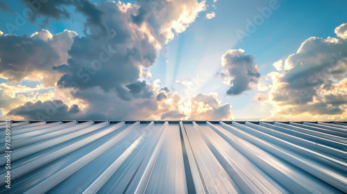 A metal sheet roof stands against a backdrop of blue sky adorned with fluffy white clouds. © Wararat