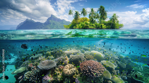 A split-view captures the tropical island above and fish swimming gracefully underwater  offering a mesmerizing glimpse of marine life and island beauty.