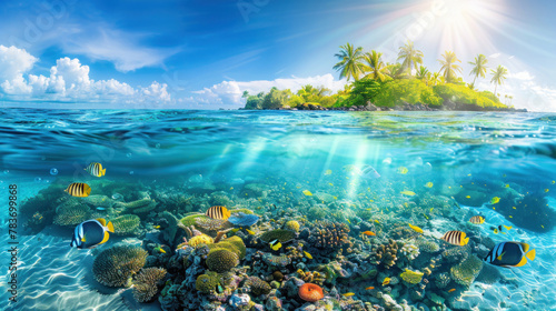 A split-view captures the tropical island above and fish swimming gracefully underwater, offering a mesmerizing glimpse of marine life and island beauty. photo