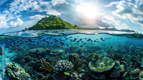 A split-view captures the tropical island above and fish swimming gracefully underwater, offering a mesmerizing glimpse of marine life and island beauty. photo