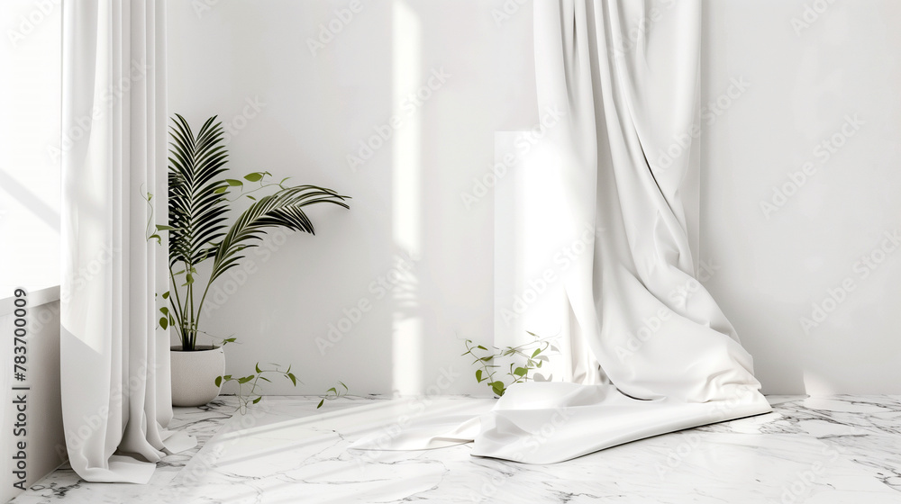 A minimalist interior with a white room and a tropical flower in a vase A minimalist interior with a white room and a tropical flower in a vase