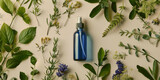 Serene Botanical Backdrop with Blue Glass Bottle Amidst Fresh Herbs