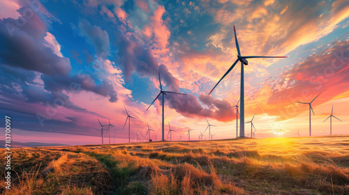 At sunset, a cluster of wind turbines stands tall in a vast field, their blades rotating gracefully against the colorful sky. photo