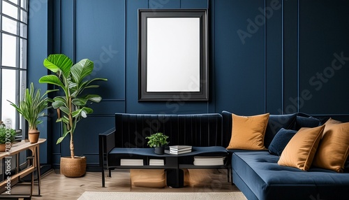 modern living room with dark blue wall and sofa with frame for photo or poster. mockup for painting  © Алина Караванская