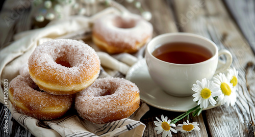 A close-up of a plate of donuts, lightly dusted with sugar, sits on an old wooden table next to a cup of tea