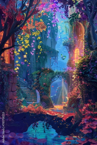 A magical garden where plants grow in vibrant colors and emit soothing melodies when touched