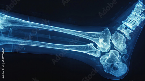 A fractured tibia is evident on the X-ray, displaying a clear disruption in the bone structure.