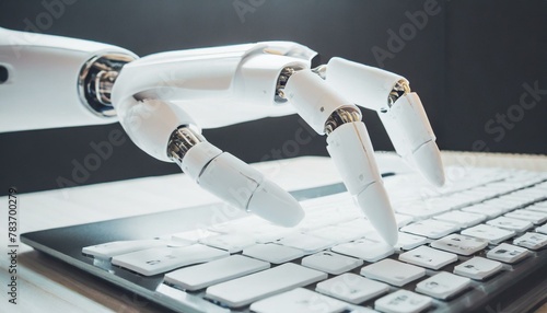 robot hand working at a desk typing on a computer, modern technology 