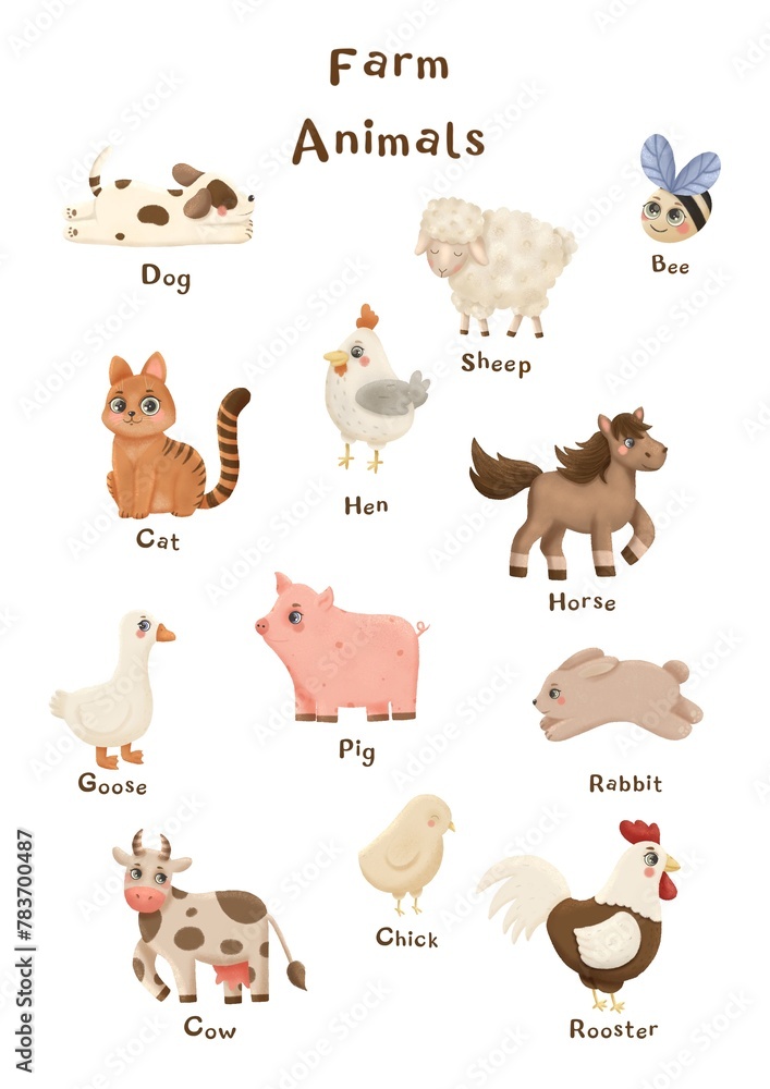 Poster for children with the names of animals living on the farm. Cute ...