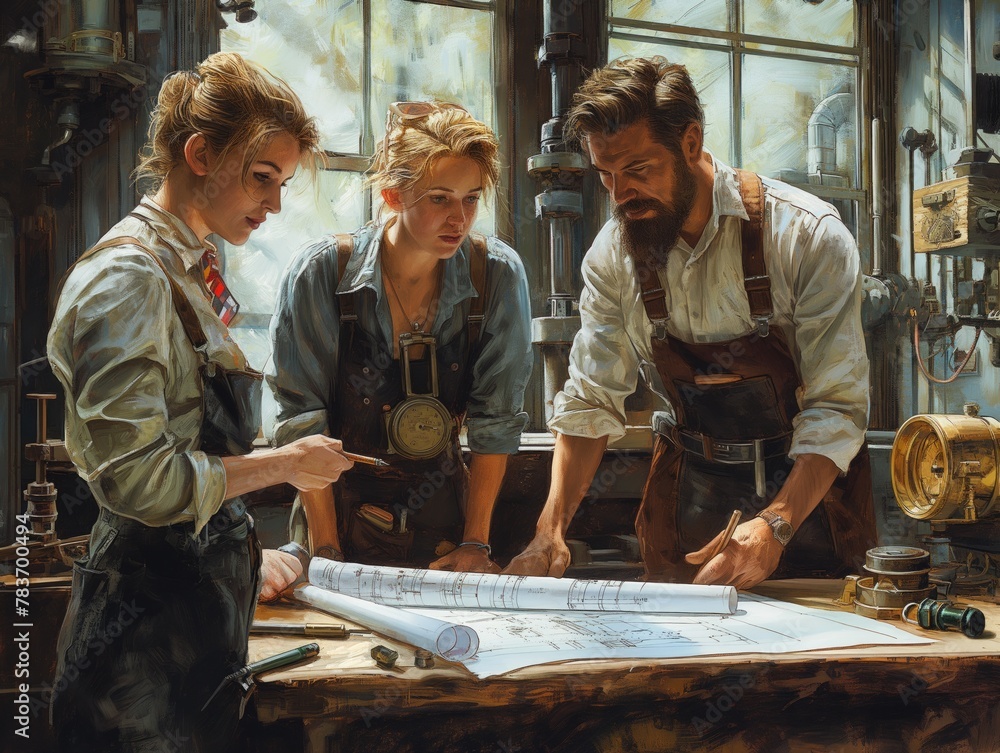 Three people are standing around a table with blueprints. The man is wearing a white shirt and apron. The woman is pointing at the blueprints Three people are standing around a table with blueprints. The man is wearing a white shirt and apron. The woman is pointing at the blueprints