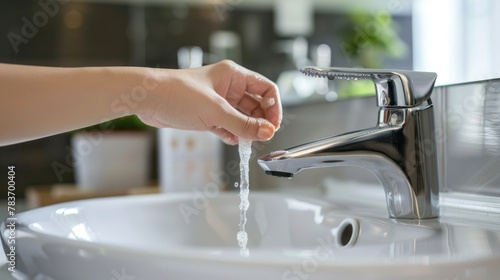 Woman hand shut the faucet, prevent from leaking waste with