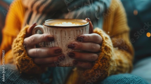 female hand holding white mug with blank copy space for your advertising text message or promotional content, sweet coffee or tea.