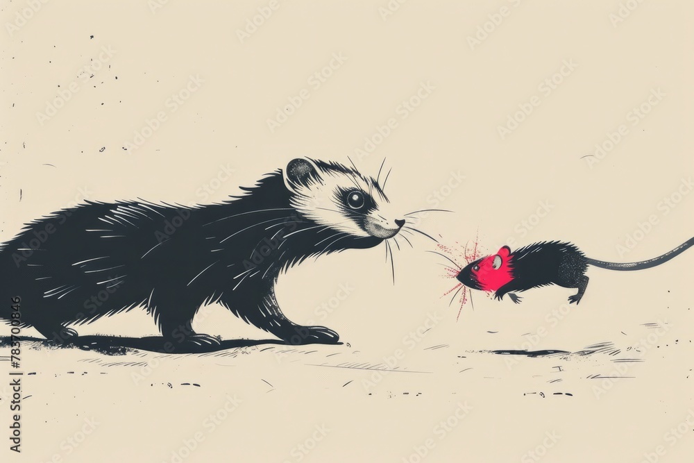 Obraz premium A ferret and a rat engaged in a physical altercation in a snowy environment. The ferret appears to be aggressively pursuing the rat, showcasing a moment of confrontation between the two animals