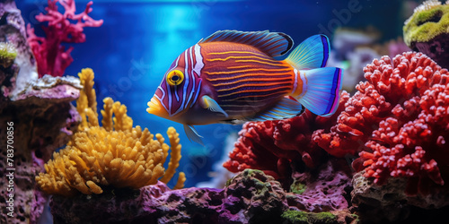 Vibrant Harlequin Tuskfish Swimming Amongst Colorful Coral Reef photo