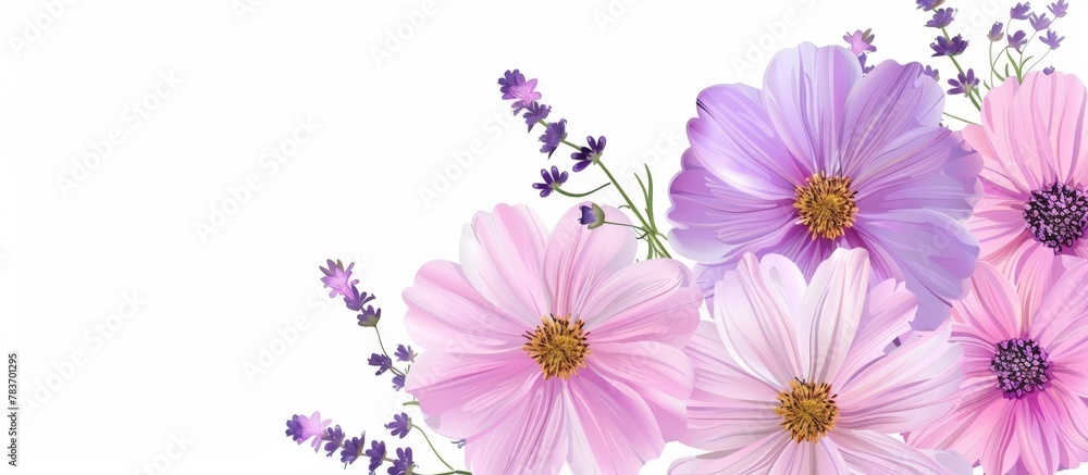 Purple flowers arranged in a vase with lavenders, top view of pink and violet cosmos bouquet alongside lavender on a white background