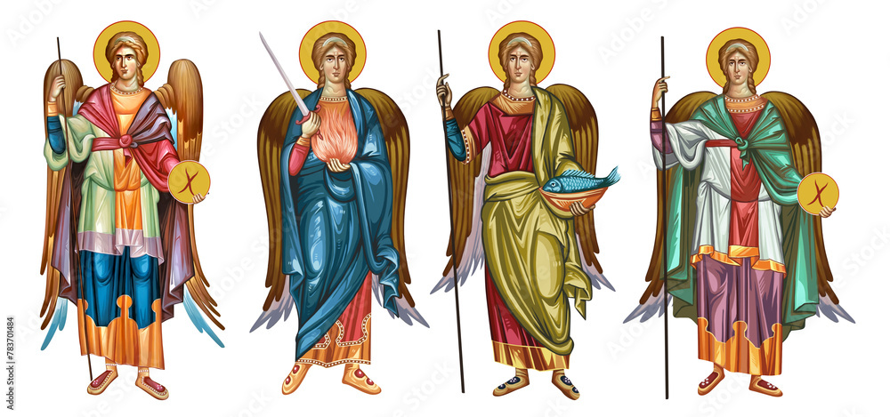Four Archangels close God's throne. Four cardinal points. Archangel Gabriel, Uriel, Raphael and Michael. Traditional illustration in Byzantine style isolated