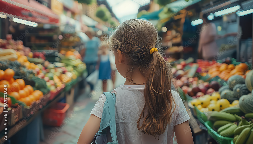 A young girl walks through a market with a backpack on her back