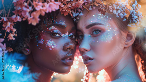 beautiful face dark and light skinned girl wearing futuristic exclusive fashion and headdresses made of bioluminescent glowing plants standing together in colorful garden created with Generative AI 